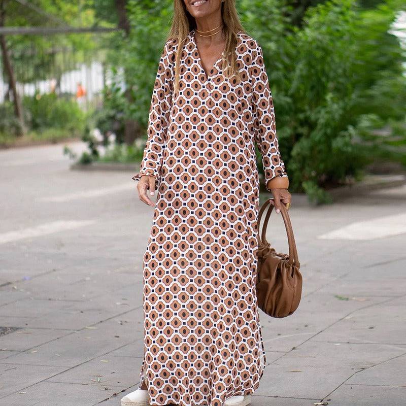 Apricot Francesca™ casual chic dress by Emma & Rose Manhattan with retro print, V-neck, and half sleeves.