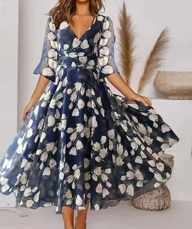Rosie | Plus Size Floral Chiffon Dress V-Neck Short Sleeve