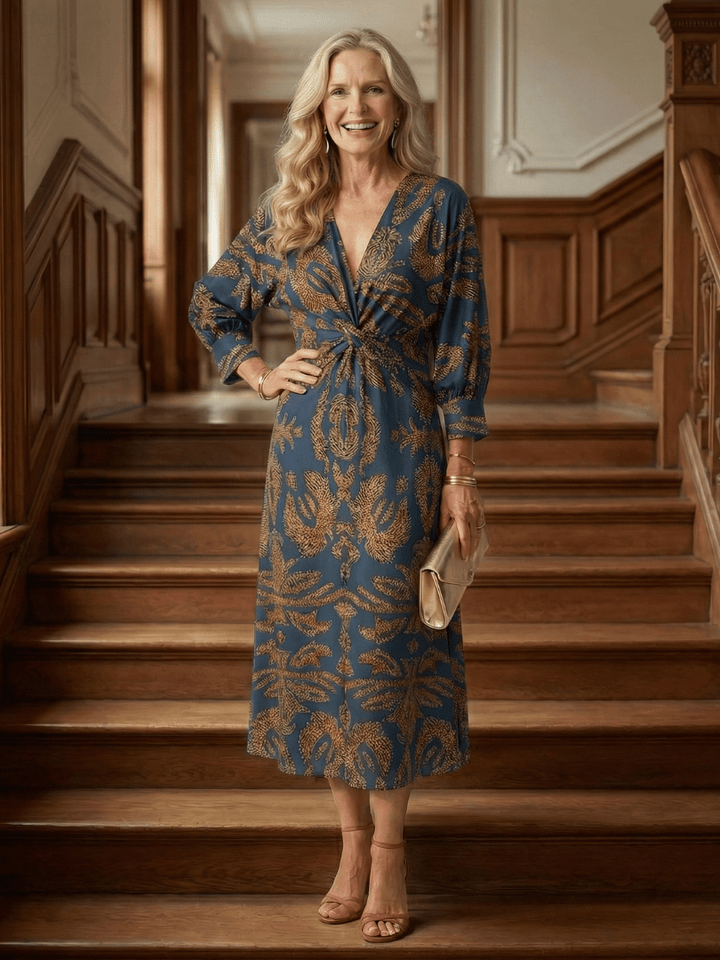 Emma & Rose Cape Town Lune™ Natural Wrap Midi Dress in soft fabric with long sleeves and elegant midi length.