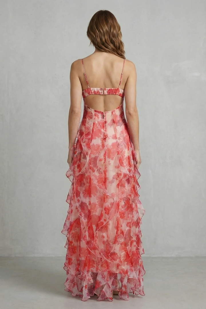 Fiorella – Watercolour bloom flow – Ruffled chiffon maxi dress