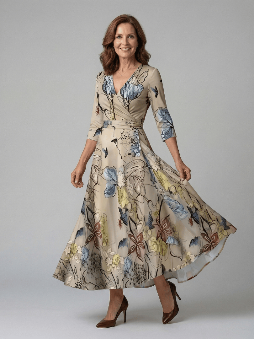 Celine™ wrap neck midi dress by Emma & Rose Cape Town, featuring a flowing silhouette and elegant wrap neckline.