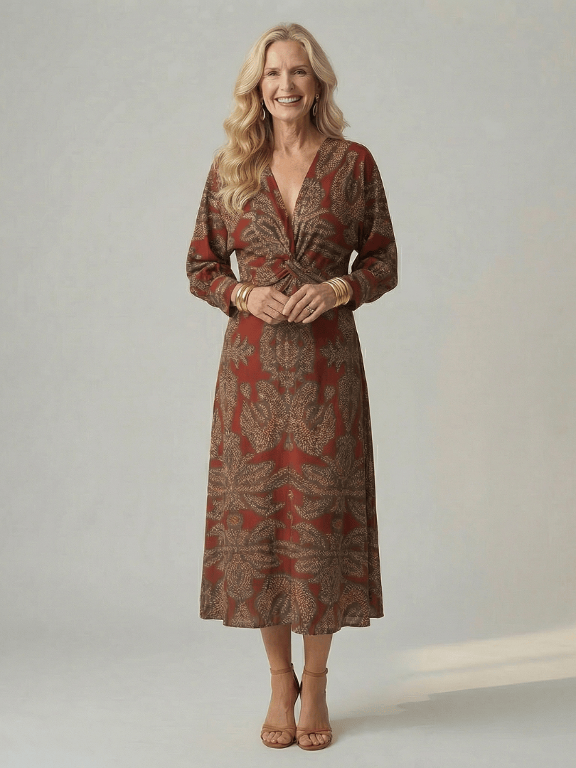 Emma & Rose Cape Town Lune™ Natural Wrap Midi Dress, lightweight flowy fabric, elegant wrap design, neutral color, feminine style