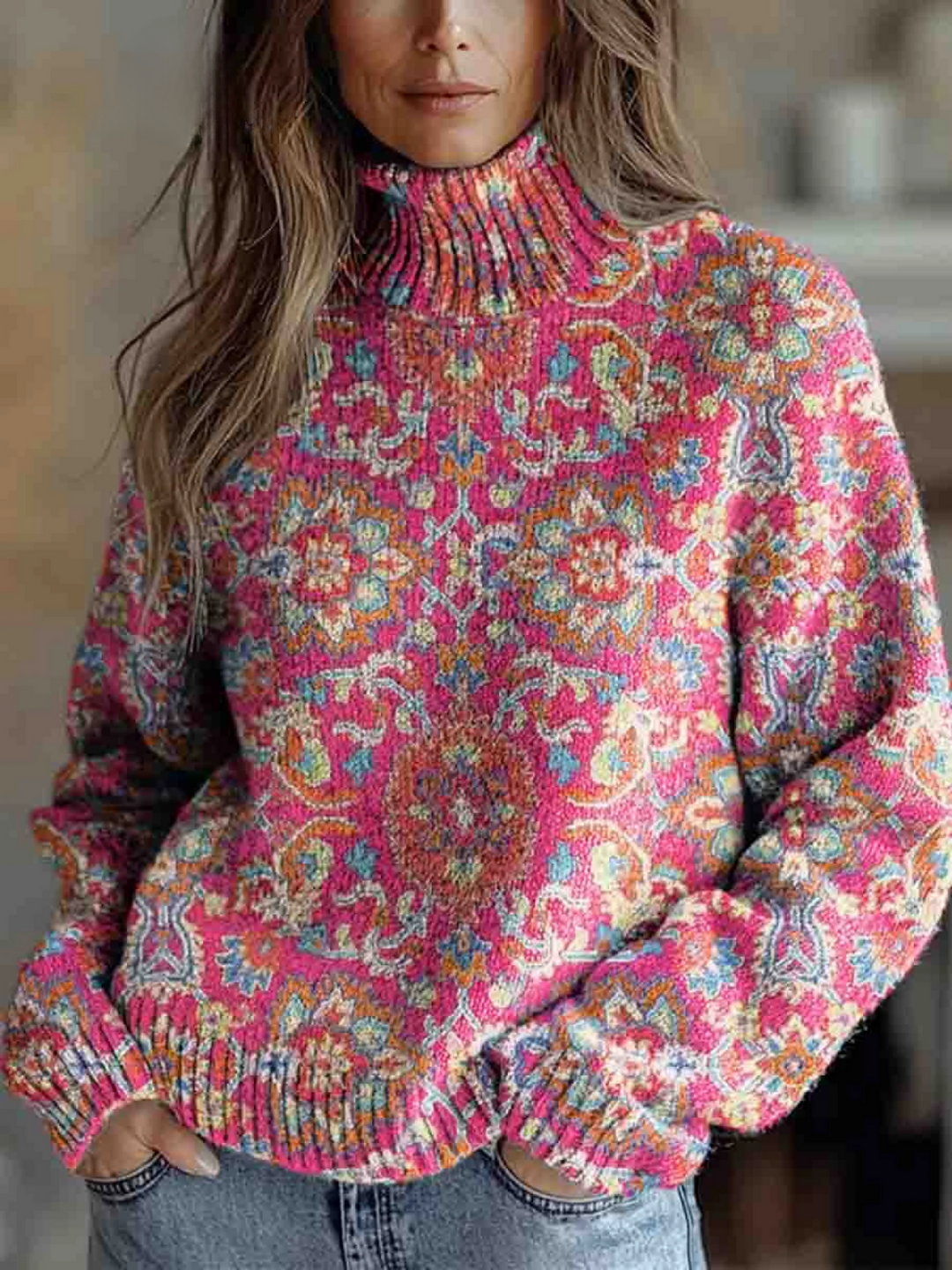 Emma & Rose Cape Town retro ethnic floral turtleneck sweater with vibrant floral patterns and a cozy turtleneck design.