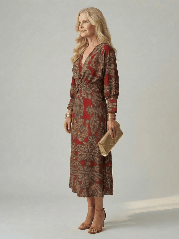 Emma & Rose Cape Town Lune™ Natural Wrap Midi Dress, elegant midi dress with wrap design and soft fabric, shown on a model.