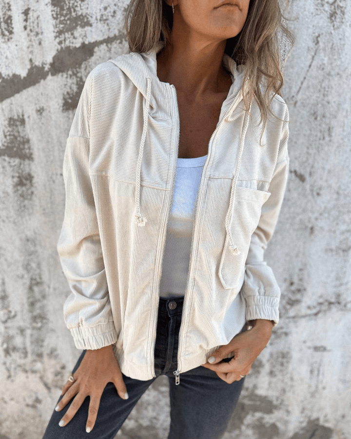 Emma & Rose Durban Ella™ cord zip-up hoodie in soft fabric with a front zipper and hood, shown in a casual style.