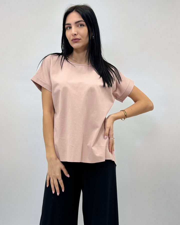 Emma & Rose Cape Town Petra™ short sleeve plain top in soft maglieria fabric, shown in a close-up of the beige-colored garment.