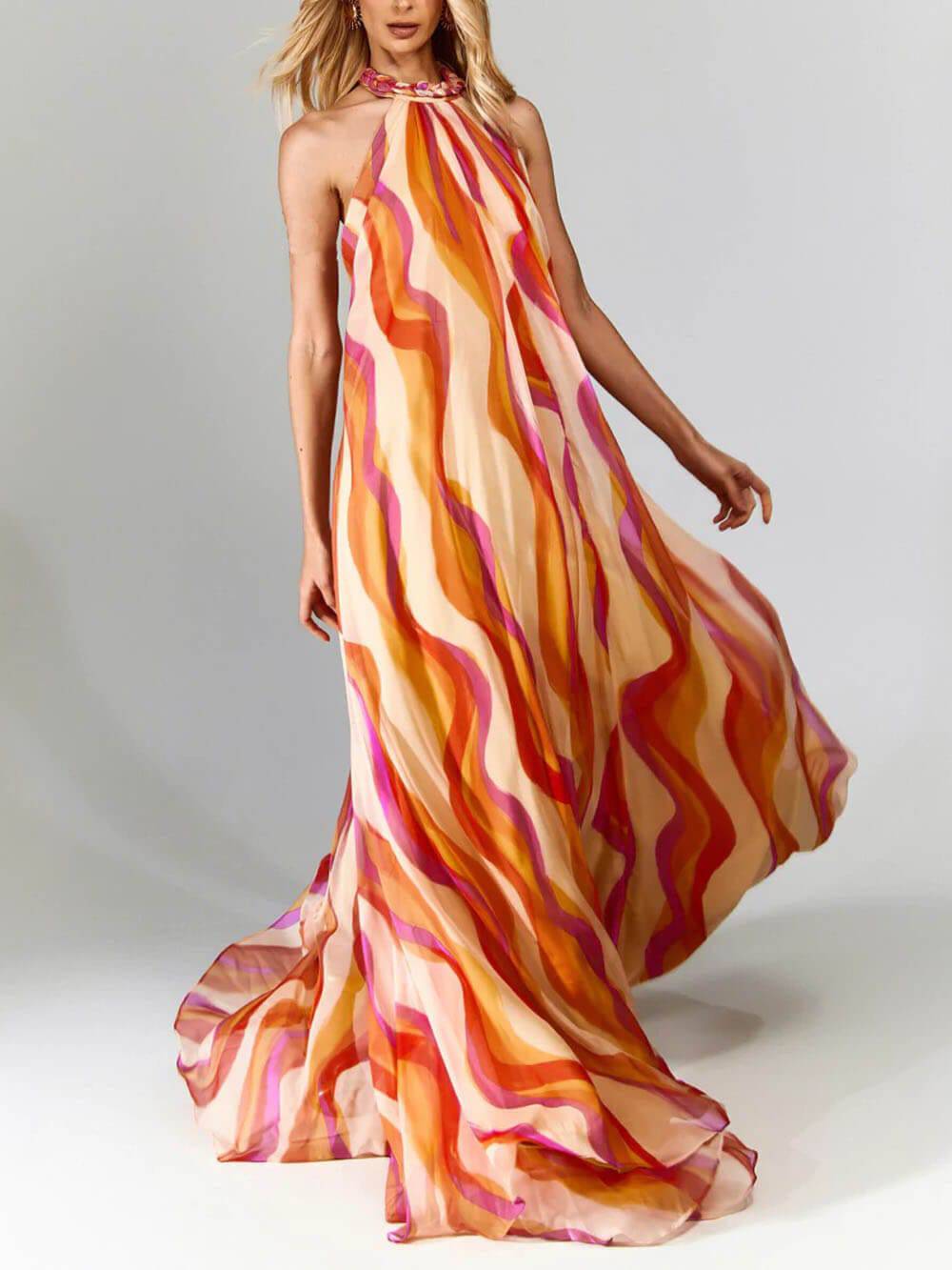 Elegant Vanessa™ braided halterneck dress by Emma & Rose Manhattan featuring a stylish neckline and flowing fabric.