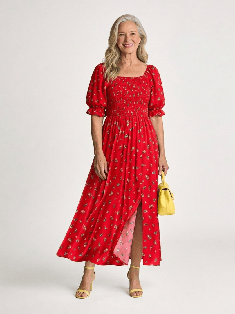 Delphine™ puff sleeve midi dress by Emma & Rose Cape Town, featuring a flowy silhouette and elegant puff sleeves, shown on a model.