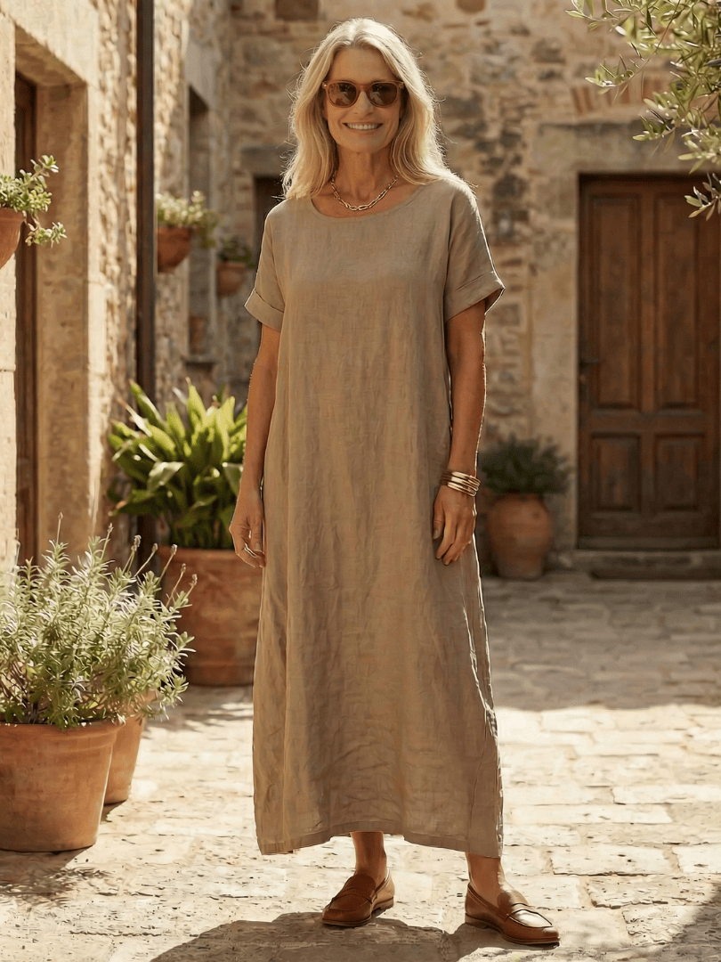 Rosaline™ lightweight day dress by Emma & Rose Cape Town, showing a simple, flowy fabric with a relaxed fit and subtle design details.