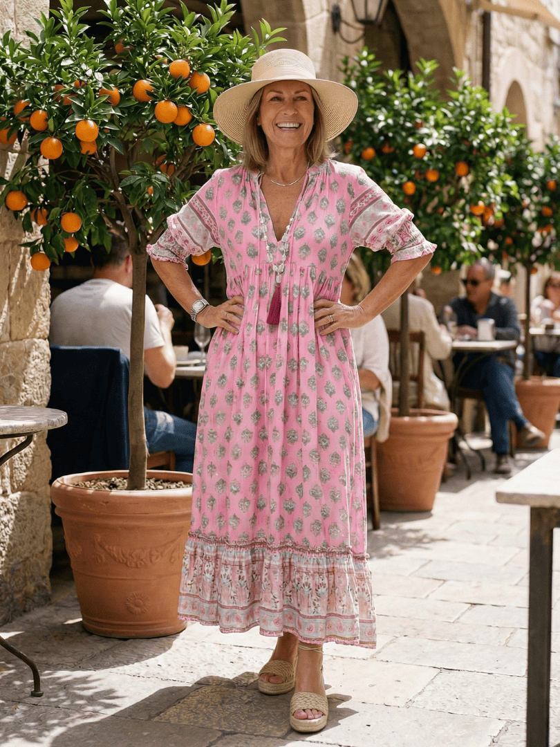 Maren™ Garden Market Dress by Emma & Rose Cape Town, featuring floral fabric and a relaxed fit on a model outdoors.