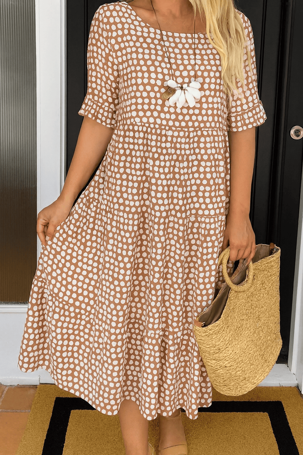Iris™ Sable short-sleeve midi dress by Emma & Rose Manhattan featuring a polka dot pattern and a relaxed fit.