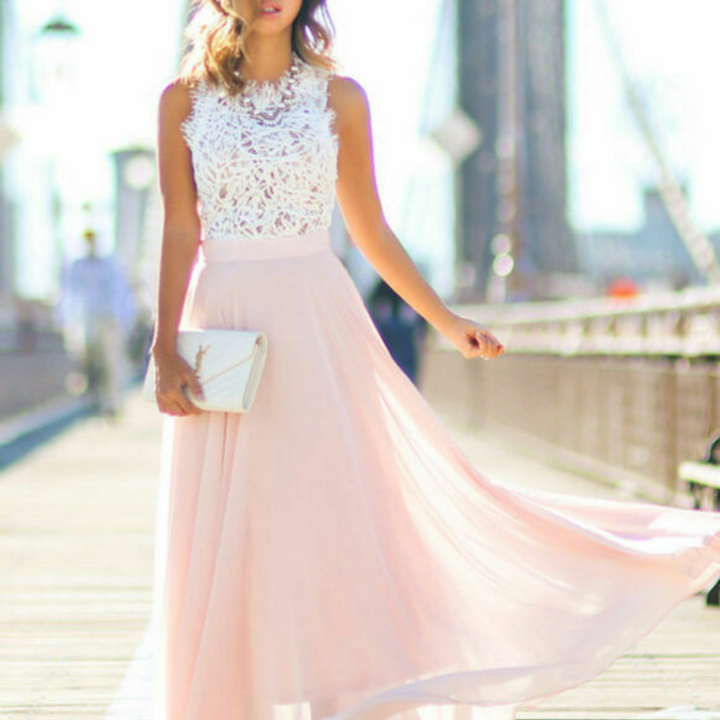 Daniela | Long Lace Dress with Flowing Skirt and Sleeveless Design