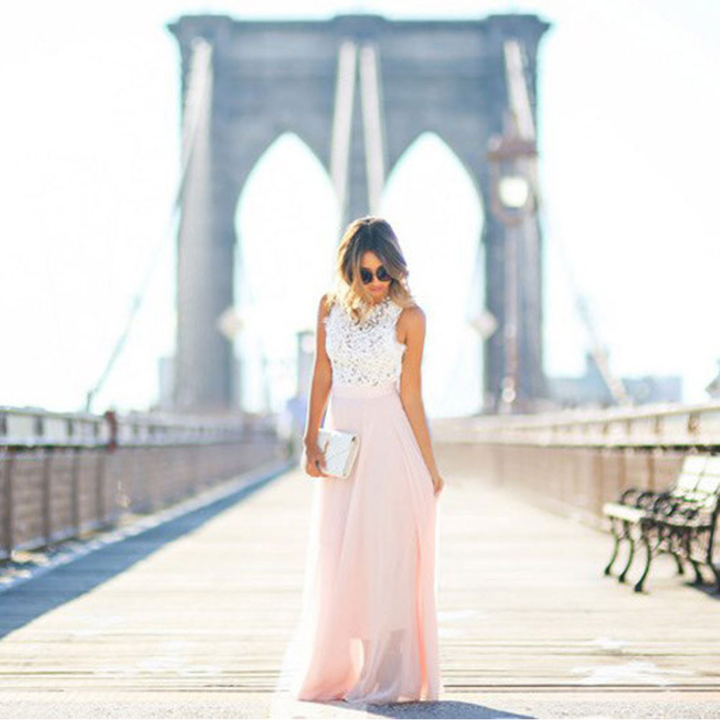 Daniela | Long Lace Dress with Flowing Skirt and Sleeveless Design