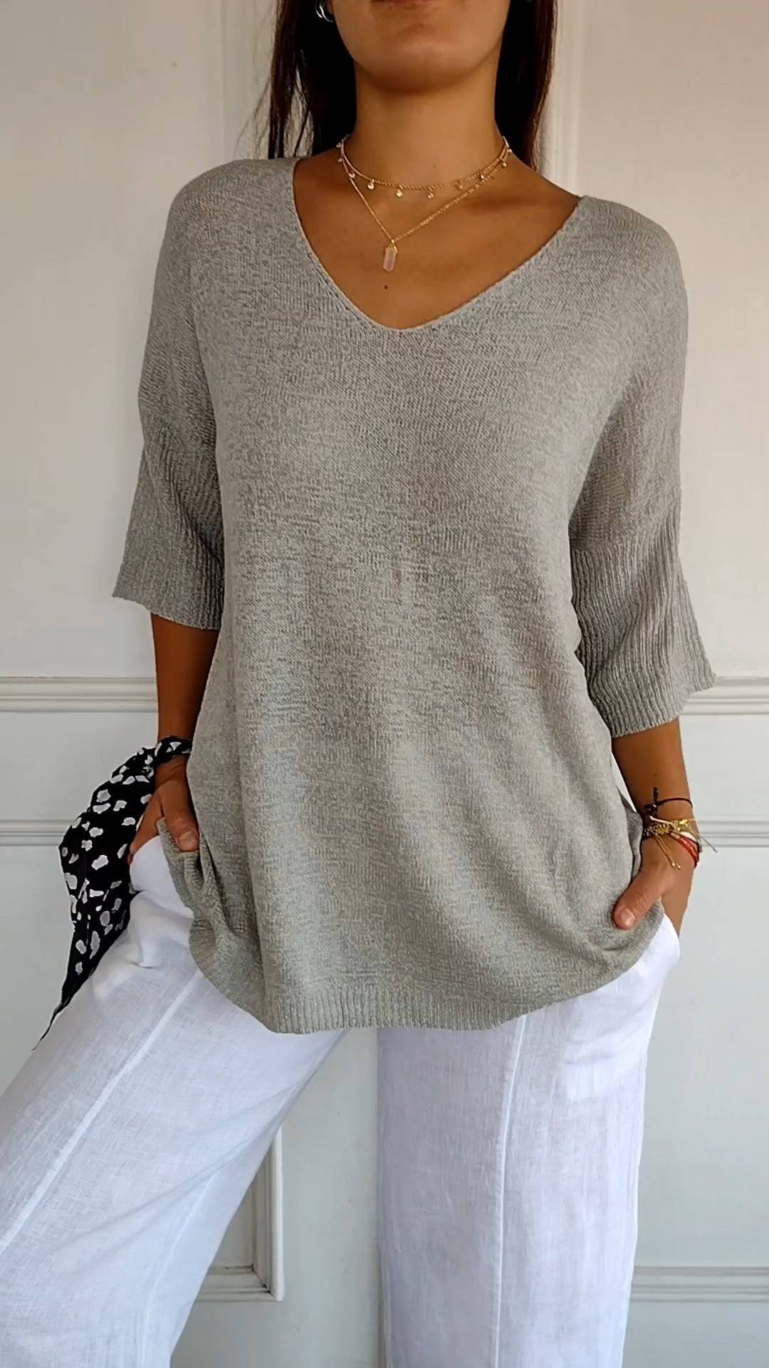 Emma & Rose Durban Jill™ Timeless V-neck Top in soft fabric, shown in a light color with a classic V-neck design.
