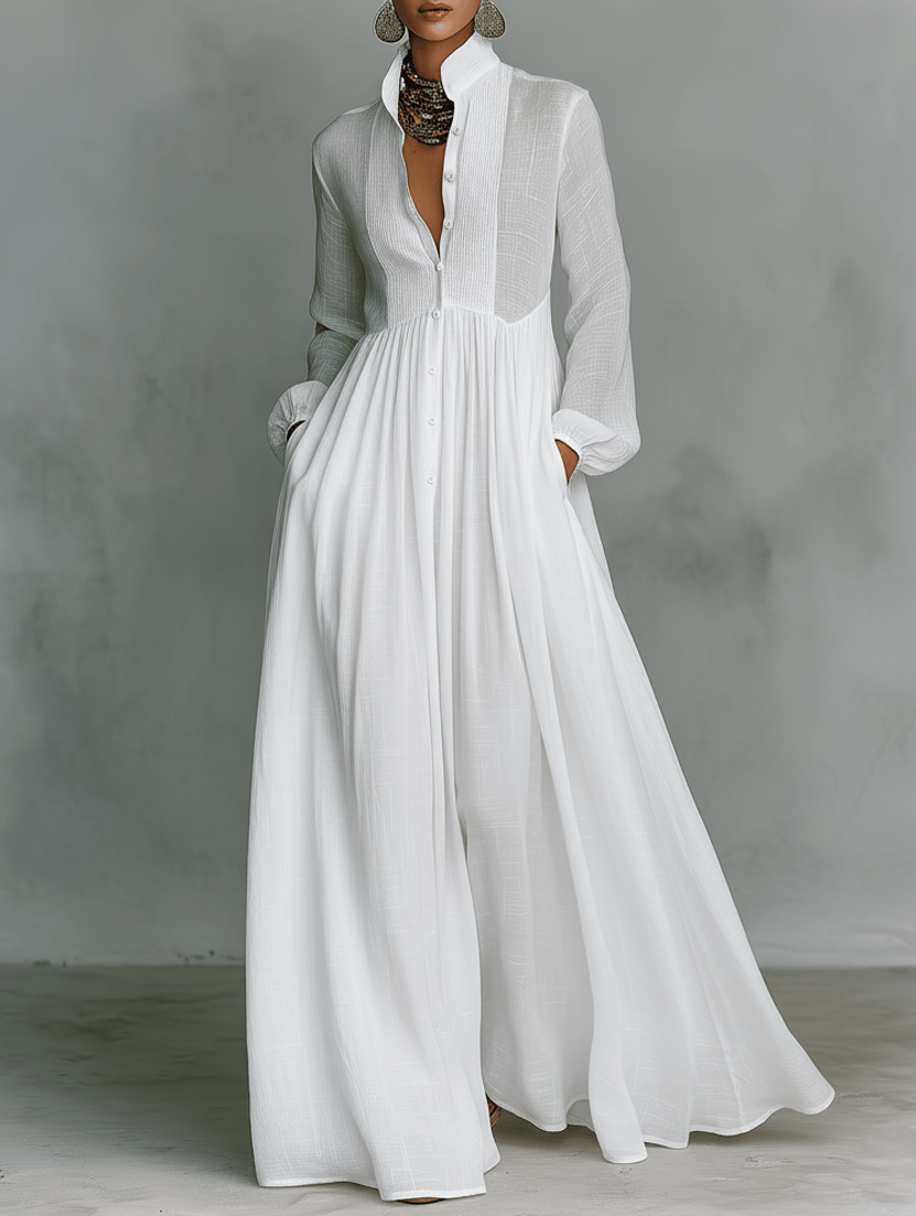 Emma & Rose Manhattan Serena™ flowing button-front maxi dress with long sleeves and a relaxed fit, shown in a soft, elegant fabric.