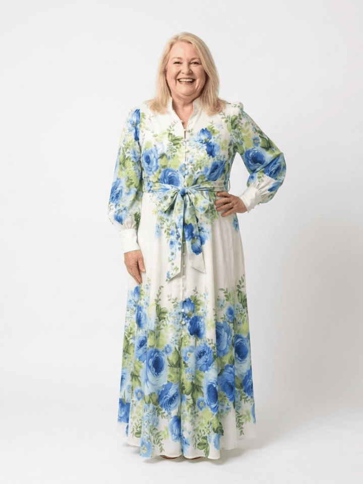 Emma & Rose Cape Town Harper™ button front maxi dress with flowing fabric and elegant design, showcased in a full-length image.