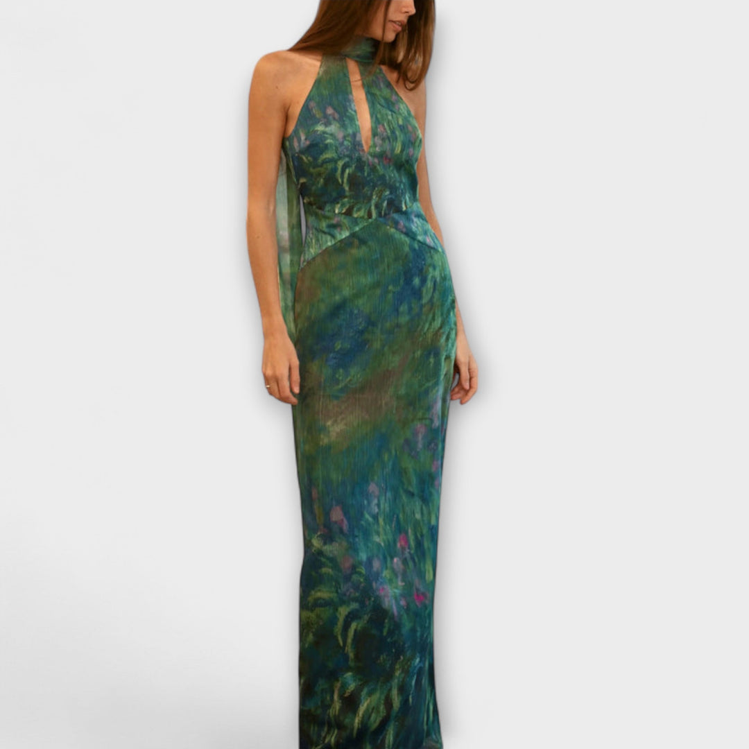 Carmen | Maxi dress with halter neck and long artistic print
