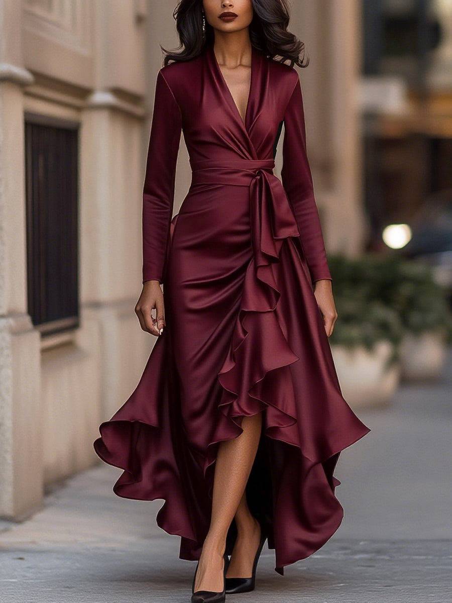 Emma & Rose Manhattan Luna™ maxi dress with long soft luxurious fabrics and ruffle details, perfect for elegant occasions.