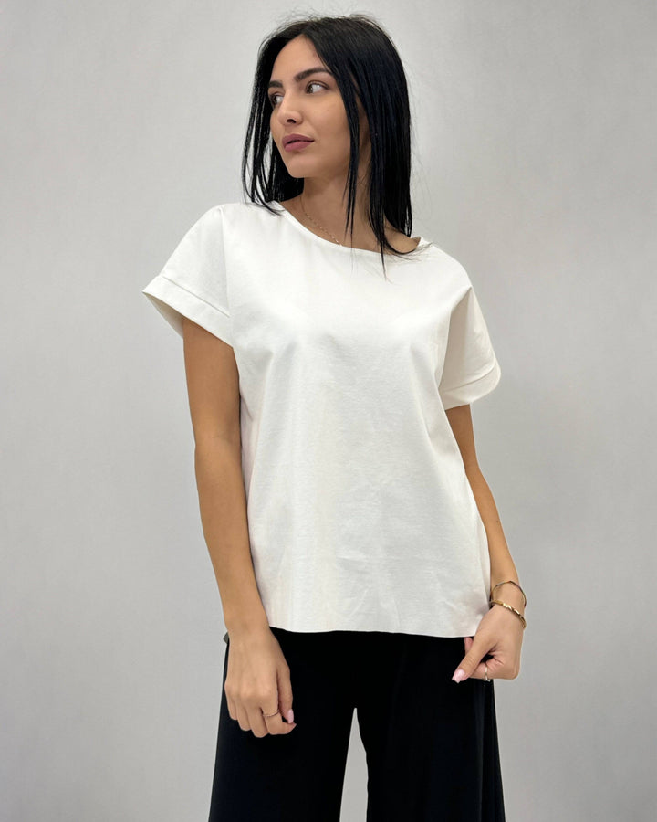 Emma & Rose Cape Town Petra™ short sleeve plain top, soft maglieria fabric, in a simple, solid color with a round neckline.