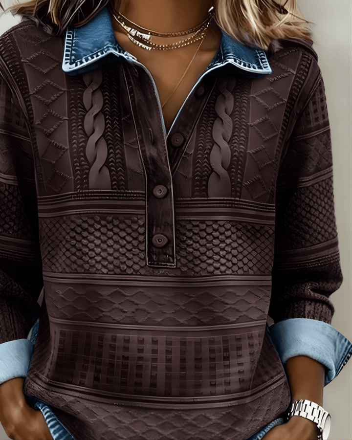 Emma & Rose Cape Town Rowan™ half-button collared sweatshirt in soft fabric, featuring a classic collar and button details.