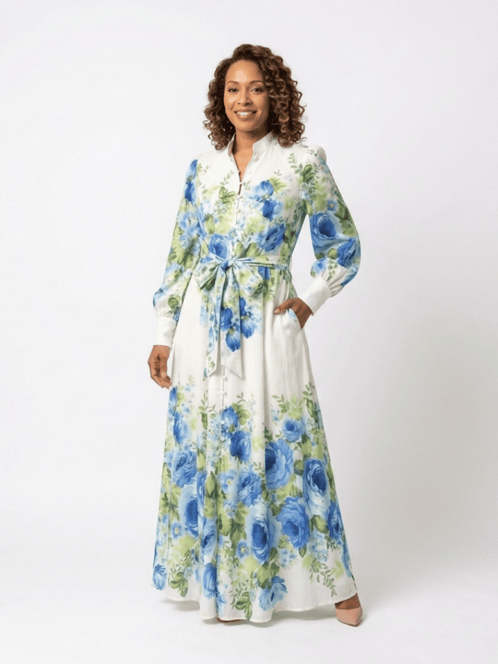 Emma & Rose Cape Town Harper™ button front maxi dress displayed with flowing fabric and a classic button-up design.