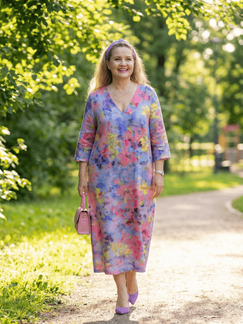 Emma & Rose Cape Town Benson™ abstract floral midi dress with a flowy silhouette and vibrant pattern, perfect for summer wear.