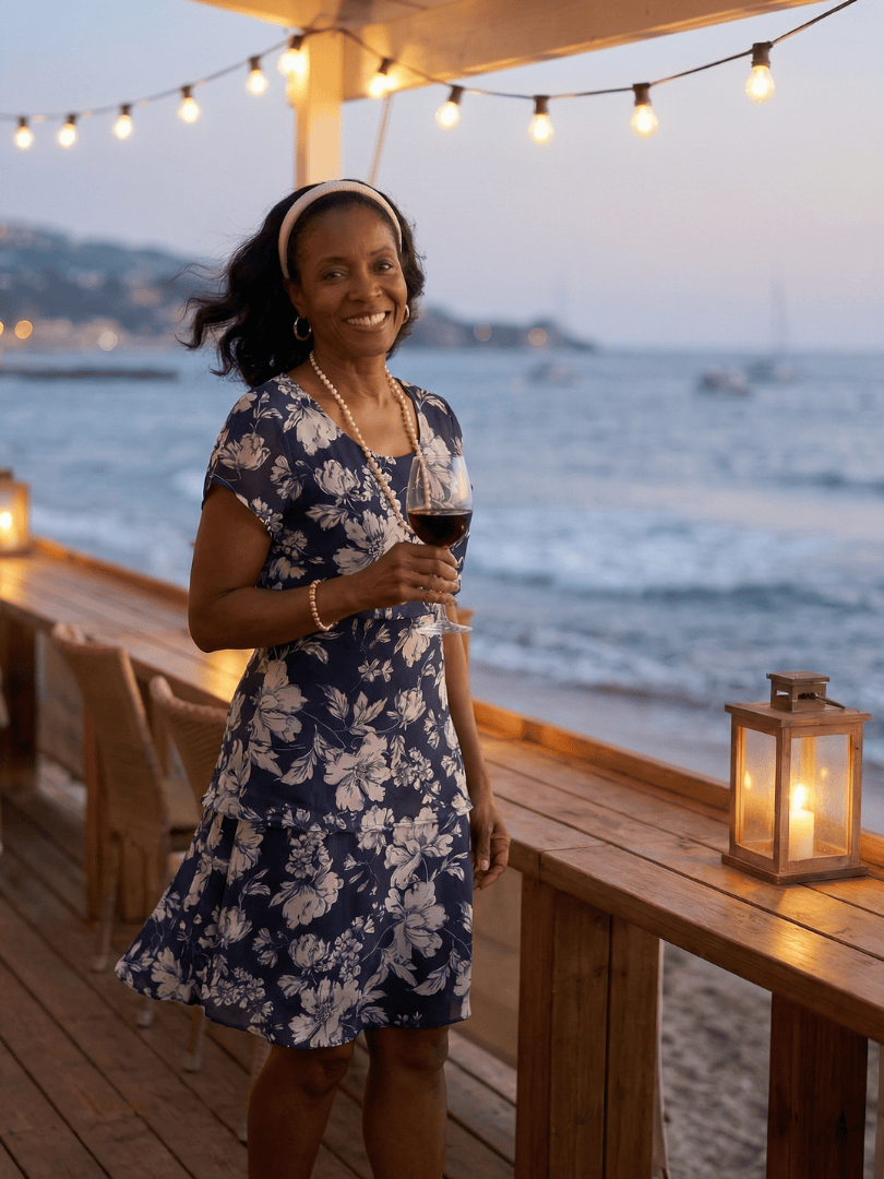 Thea™ floral knee-length dress by Emma & Rose Cape Town featuring a colorful floral pattern and a fitted waist.