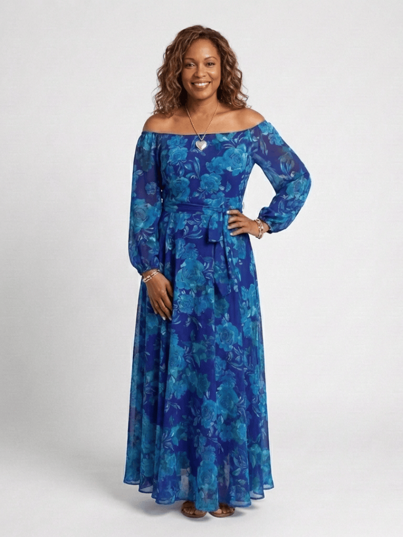 Aspen™ shoulder floral maxi dress by Emma & Rose Cape Town featuring a flowing design and vibrant floral print.