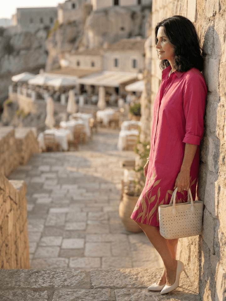 Damaris™ Slow Day Dress by Emma & Rose Cape Town, featuring lightweight fabric and relaxed fit, displayed on a hanger.