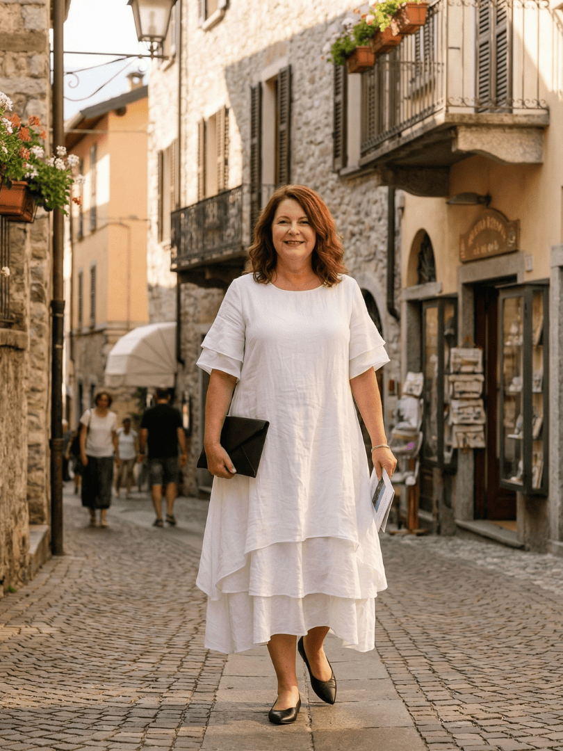 Emma & Rose Cape Town Belen™ soft layered dress, featuring flowing fabric and elegant design, worn by a model in a stylish setting.