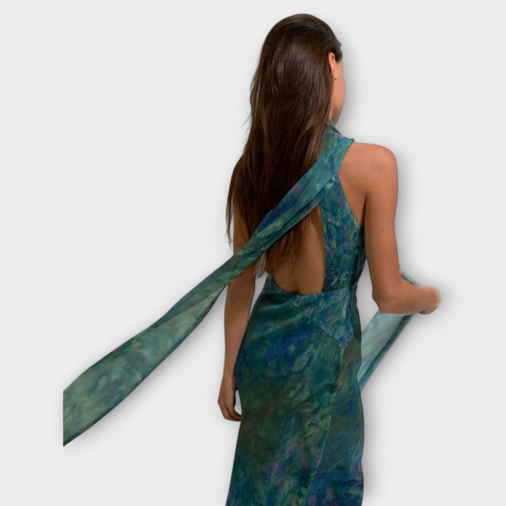 Carmen | Maxi dress with halter neck and long artistic print