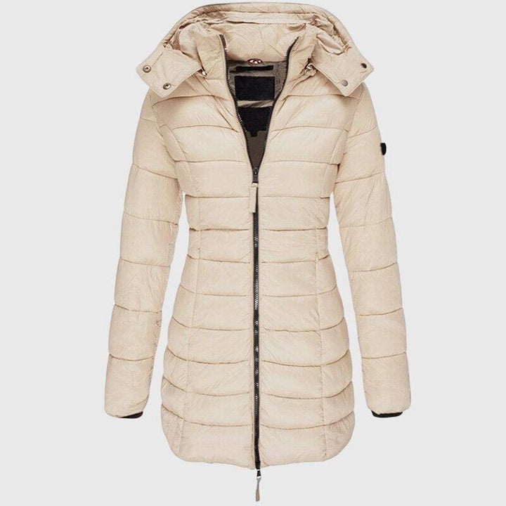 Emma & Rose Cape Town Elise™ long down jacket in black, showcasing its insulated design and cozy hood for cold weather.