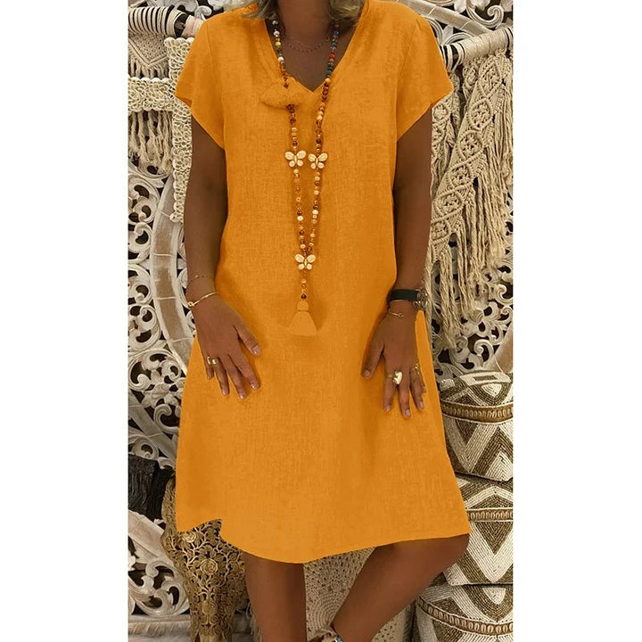 Samaira | Women's Midi Dress with V-Neck and Short Sleeves | Soft