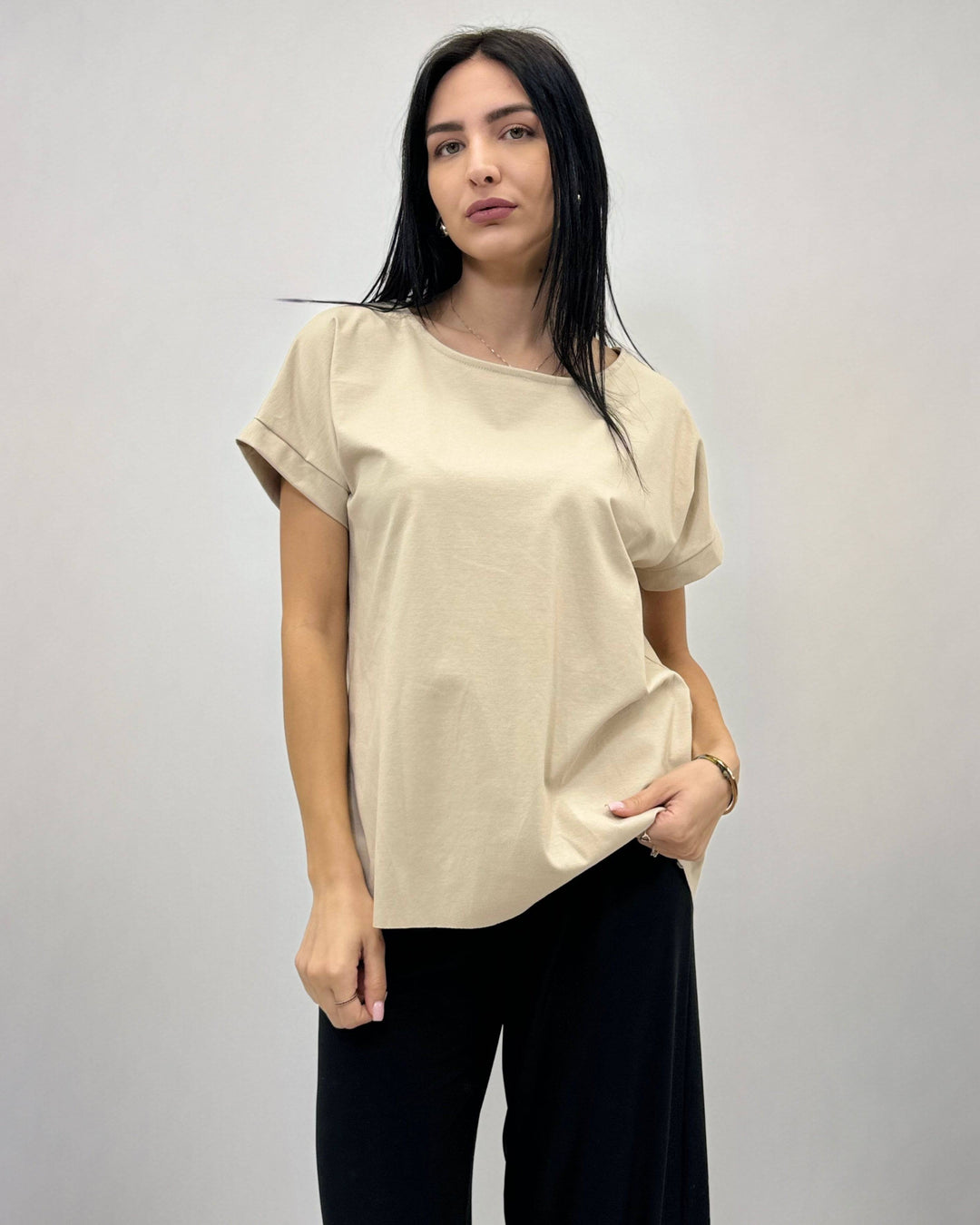 Emma & Rose Cape Town Petra™ short sleeve plain maglieria top in soft fabric, shown flat in a neutral color.