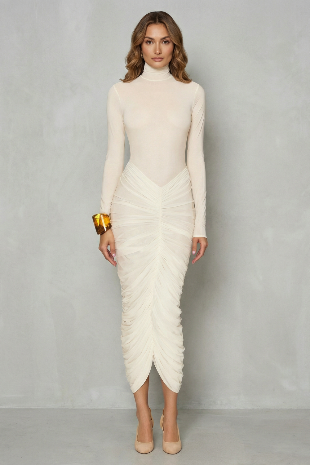 Dahlia – Sculpted elegance – Women’s High Neck Ruched Midi Dress