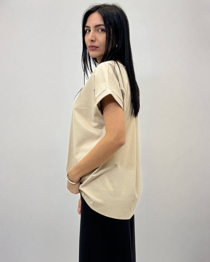 Emma & Rose Cape Town Petra™ short sleeve plain top in soft maglieria fabric, shown in a neutral color.
