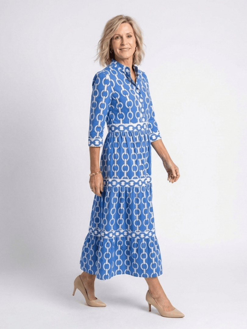 Ysolde™ chain pattern midi dress by Emma & Rose Cape Town, featuring a stylish midi length and intricate chain design.
