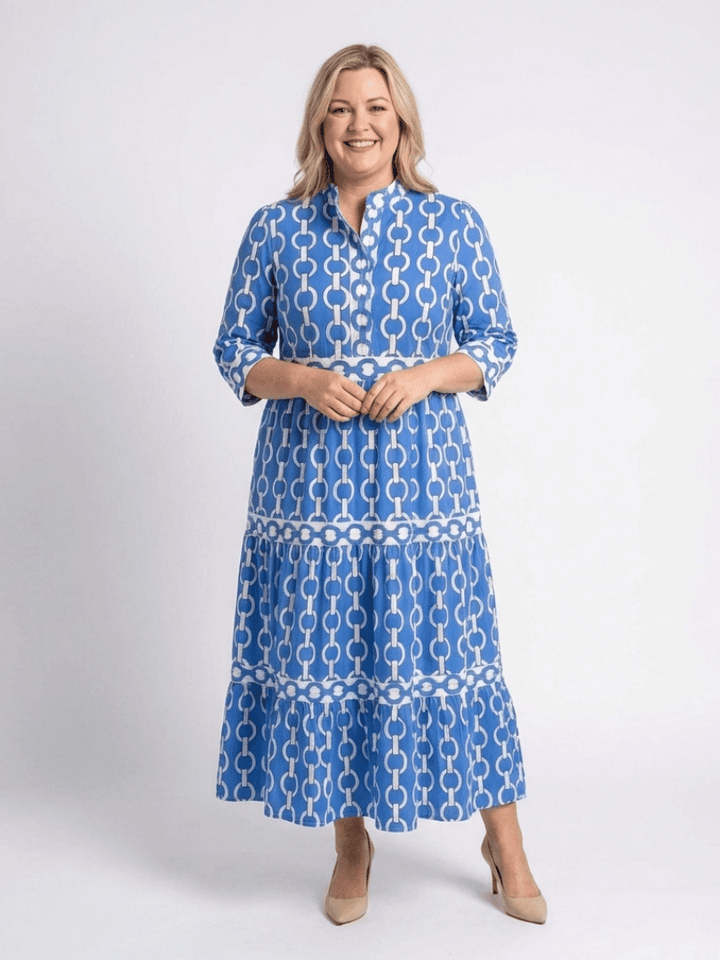 Ysolde™ Chain Pattern Midi Dress by Emma & Rose Cape Town featuring a stylish chain print, fitted bodice, and flowing skirt.