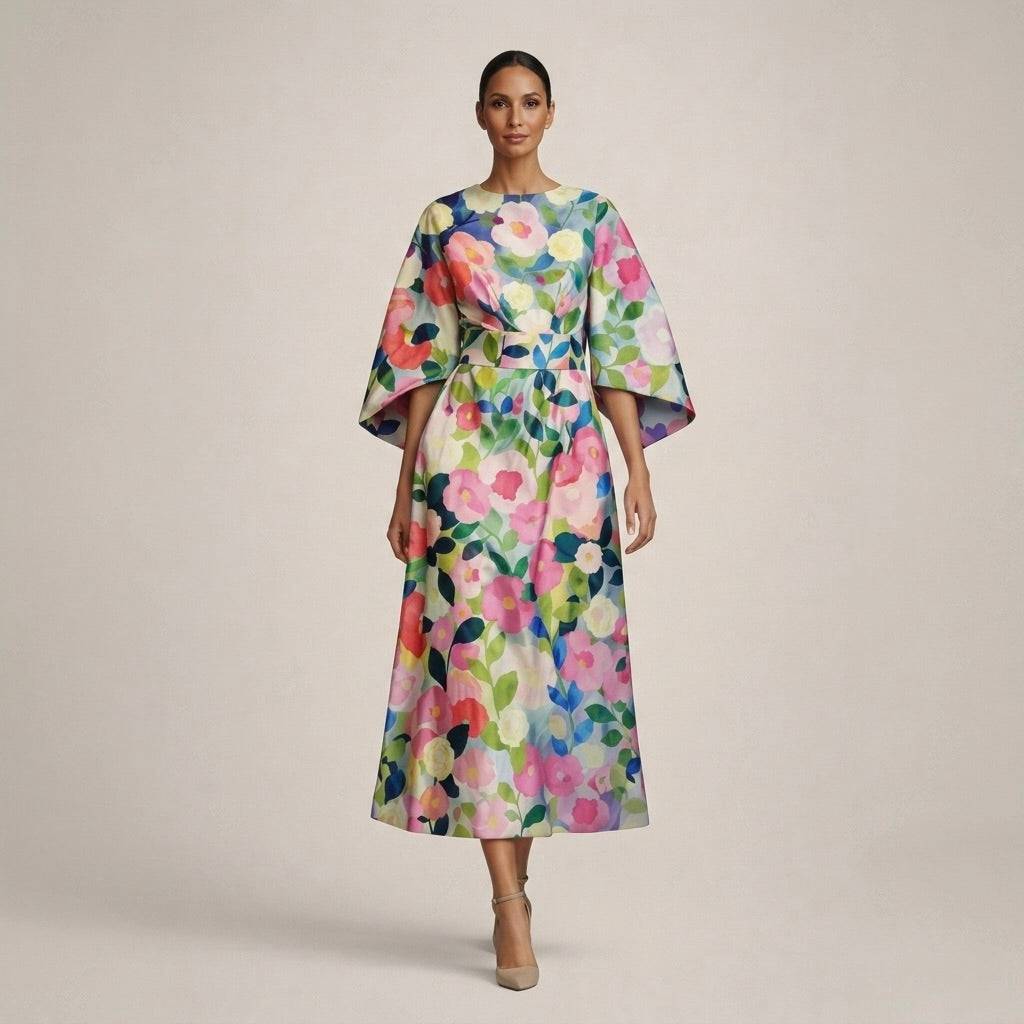 Emma & Rose Durban Sarah floral midi dress in vibrant print, with elegant flowing fabric and classic design.