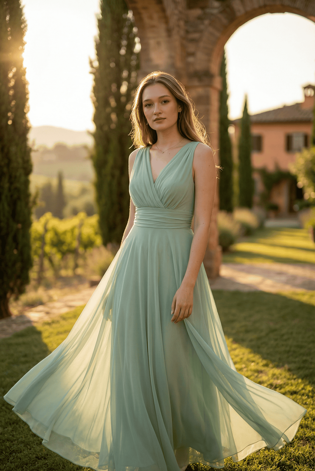 Emma & Rose Cape Town Vanessa™ long luxurious chiffon dress in mint green, model standing in sunlit Tuscan garden during golden hour