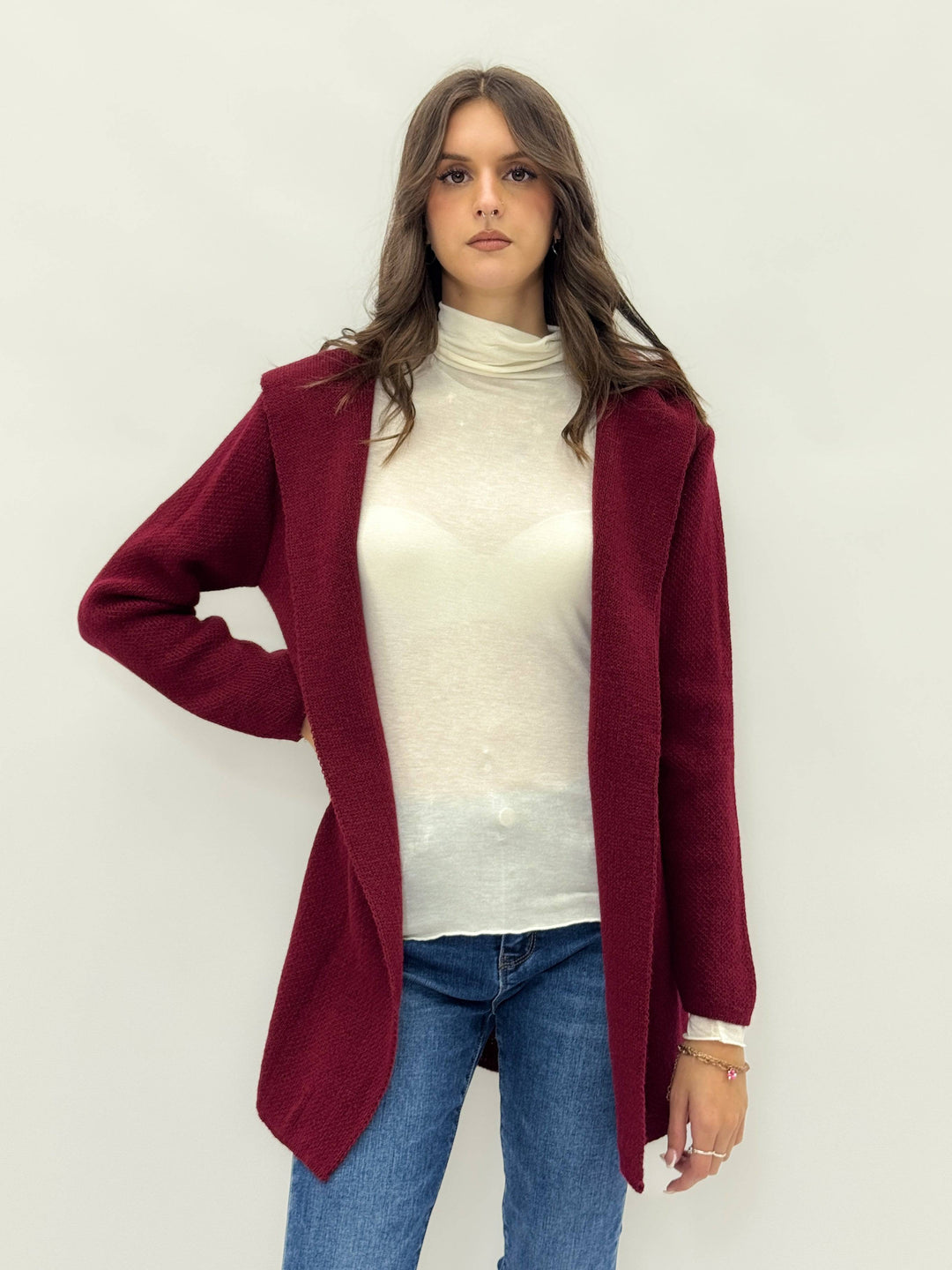 Heleen™ soft hooded cardigan by Emma & Rose Cape Town in a cozy, lightweight knit with a hood and open front design.