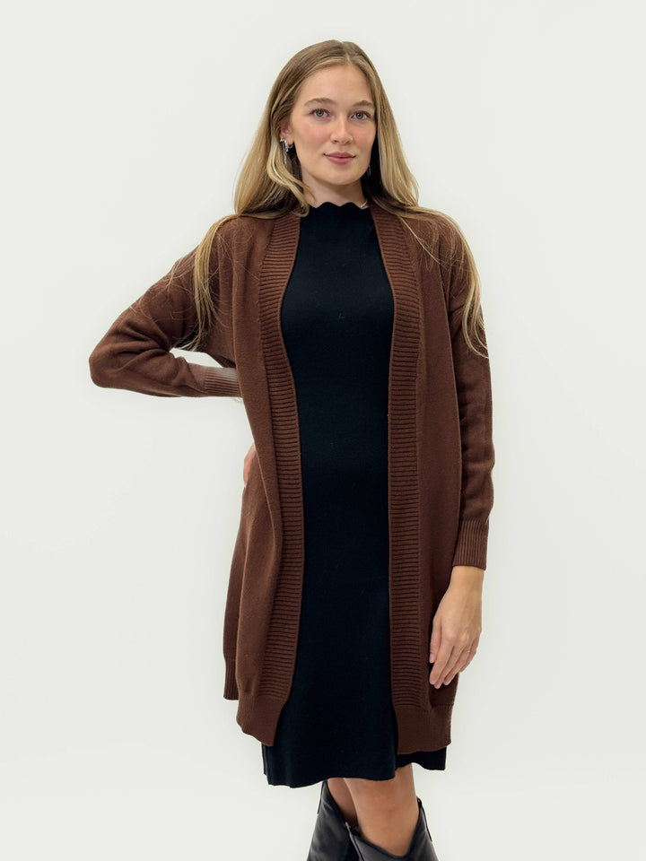Emma & Rose Cape Town Jacoba™ soft long cardigan draped open, showing its cozy knit fabric and relaxed fit on a neutral background.
