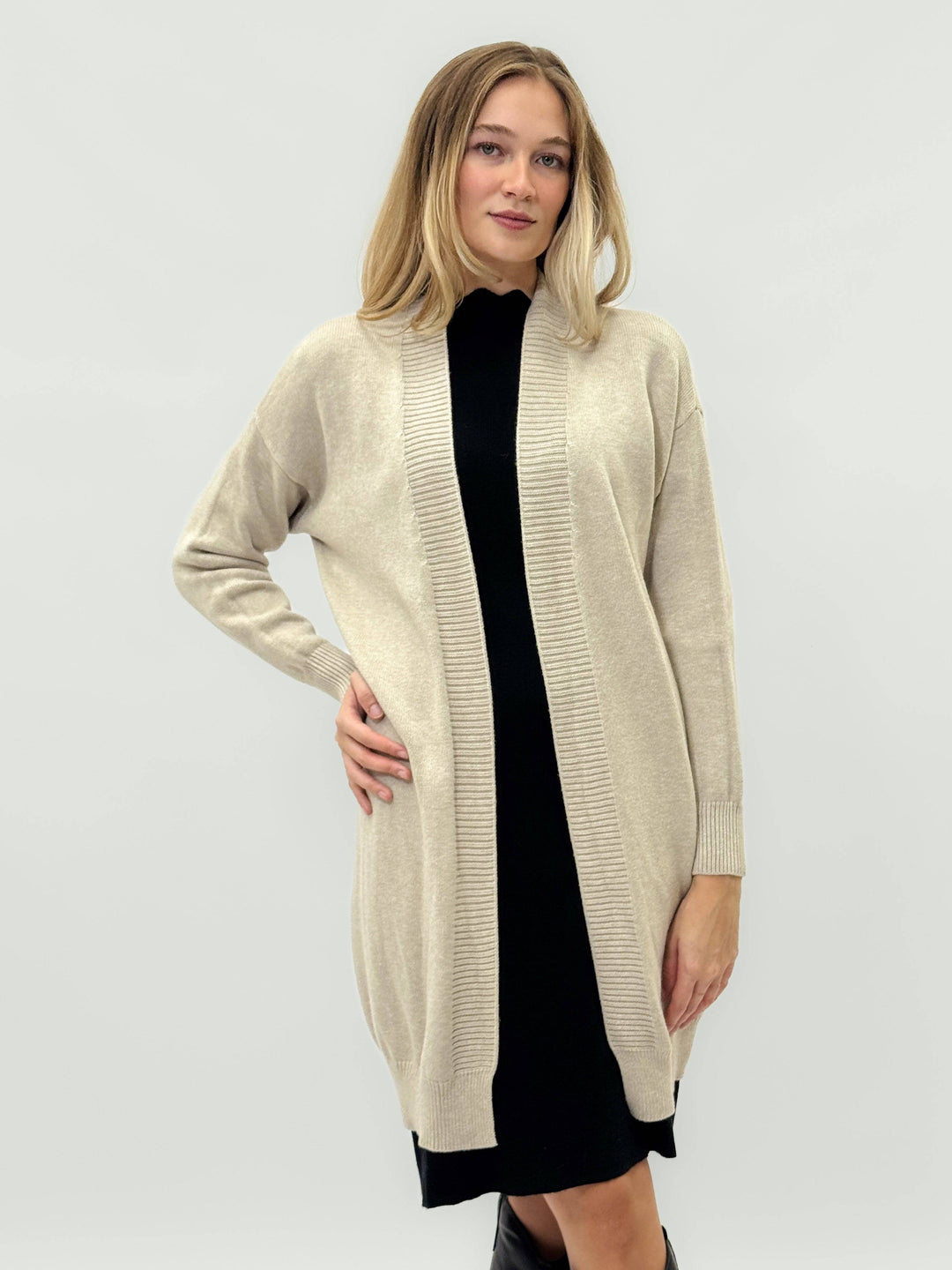 Emma & Rose Cape Town Jacoba™ soft long cardigan draped open with long sleeves and cozy knit texture.