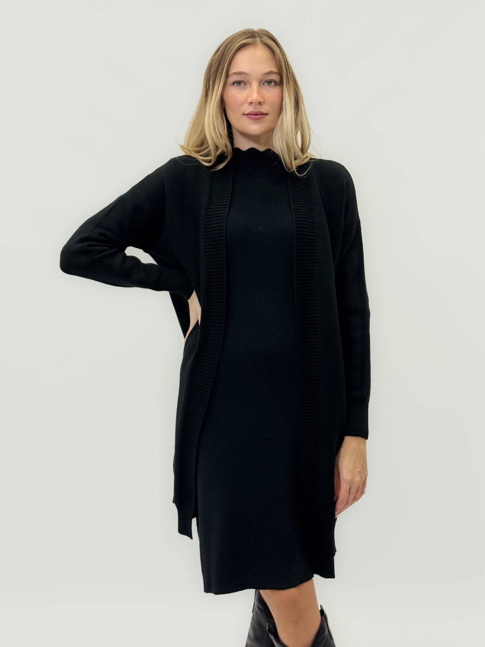 Emma & Rose Cape Town Jacoba™ soft long cardigan in neutral fabric, draped open front with long sleeves and cozy fit.