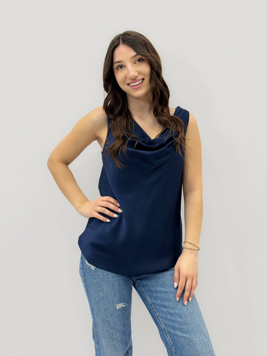 Orla™ Emma & Rose Cape Town maglieria with draped neckline in soft luxurious fabrics, showcasing elegant, comfortable top.
