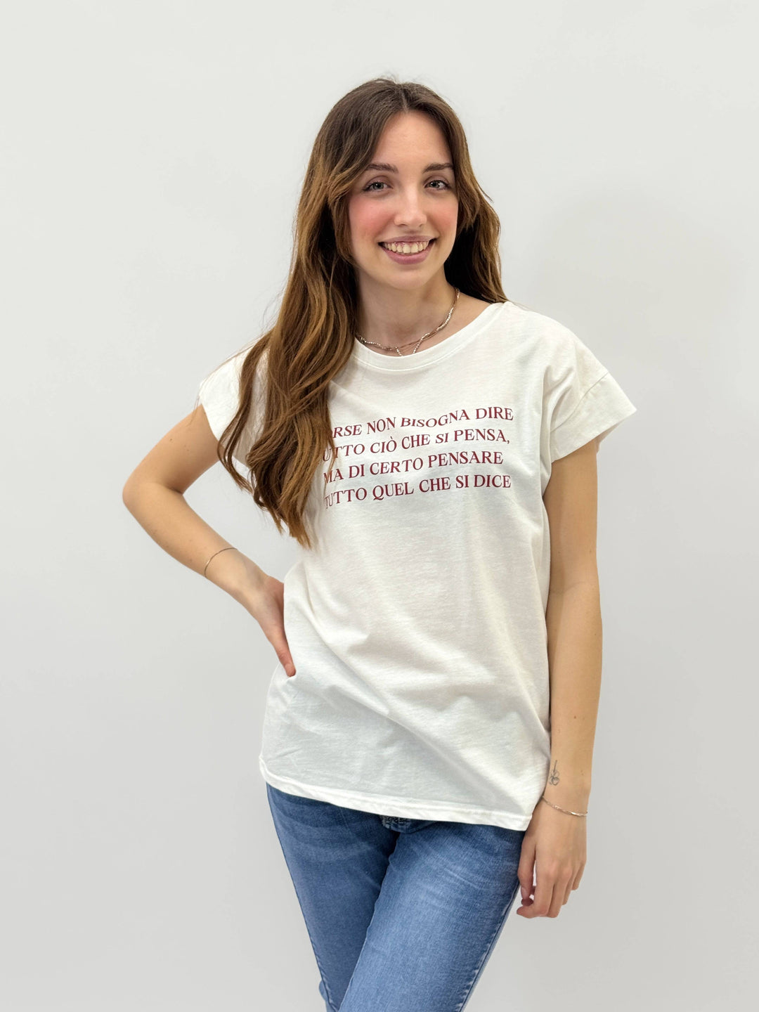 Emma & Rose Cape Town Tessa™ soft luxurious fabric maglieria T-shirt with a phrase design, showcasing comfortable, stylish casual wear.