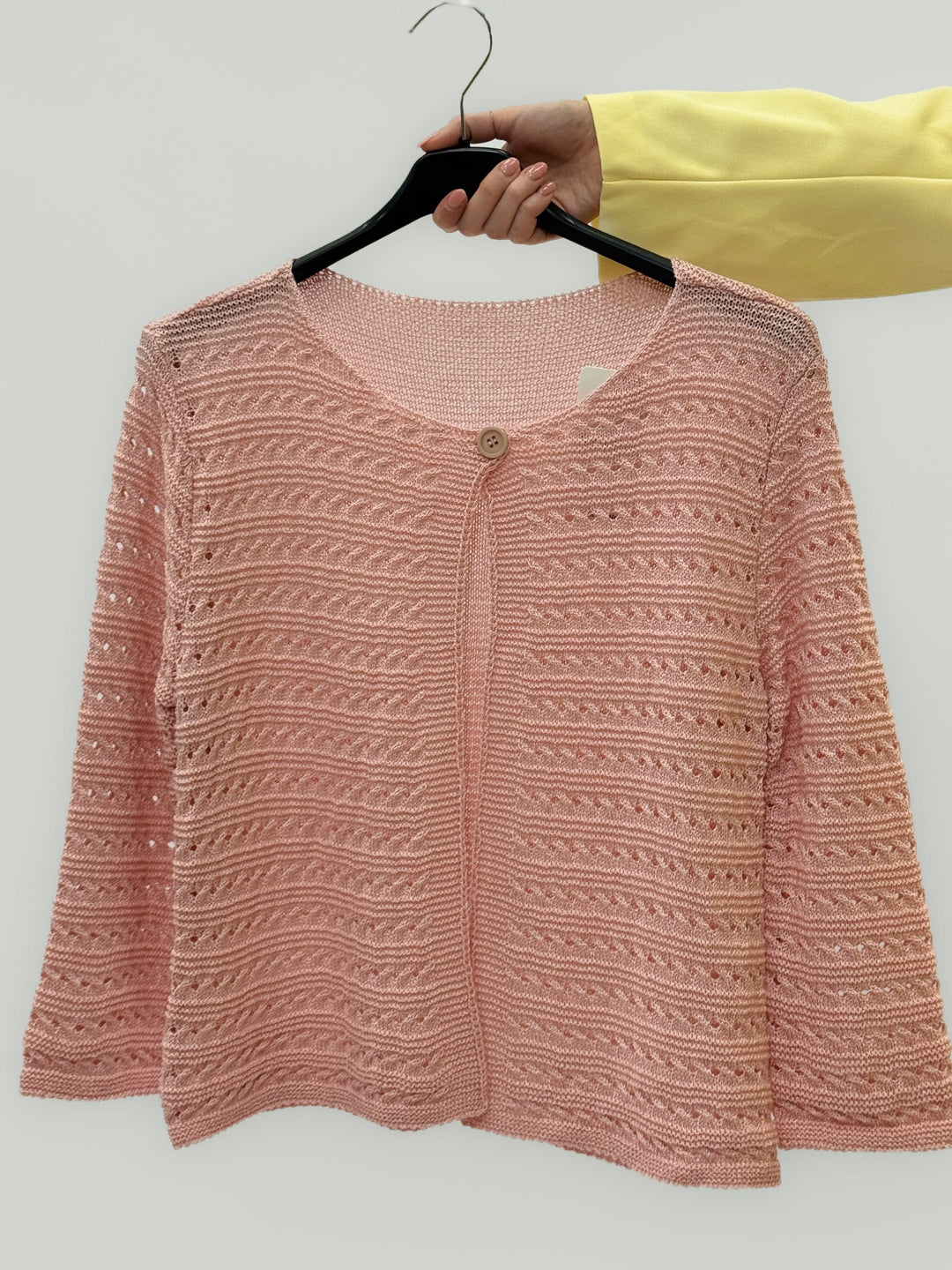 Yolande™ Emma & Rose Cape Town soft luxurious knit cardigan in spring fabric, displayed on a hanger with a cozy, lightweight design.
