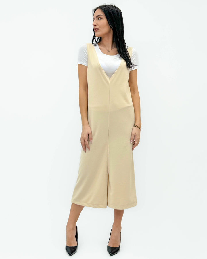 Fluid™ Fabric Dungarees V-neck by Emma & Rose Cape Town, featuring a stylish V-neck design, in soft fabric, worn as casual or chic wear.