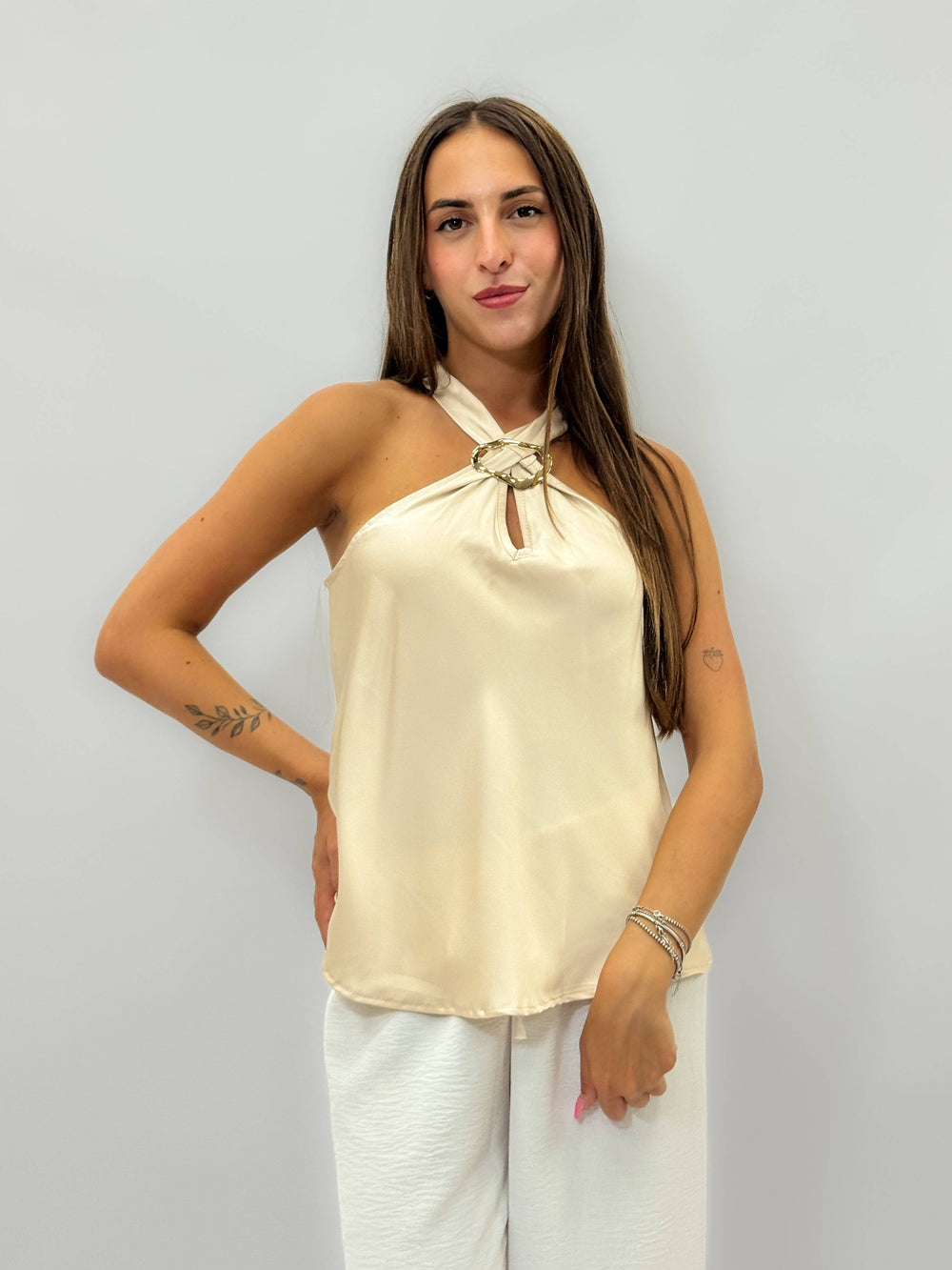 Marisa™ Emma & Rose Cape Town maglieria top with crossed neckline, soft fabric, and fitted style, shown in a close-up image.