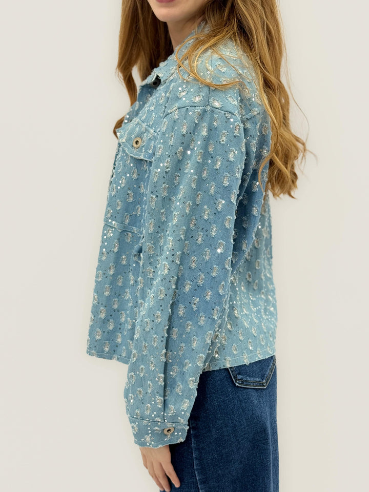 Emma & Rose Cape Town Renske™ soft fabric jacket with luxurious sequins, showcasing a stylish, elegant design with shimmering details.